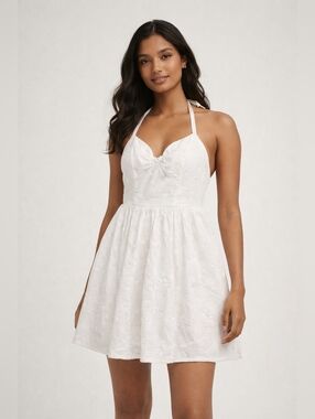 For Love & Lemons White Eyelet Halter Mini Dress Large 🤍 Summer Bridal